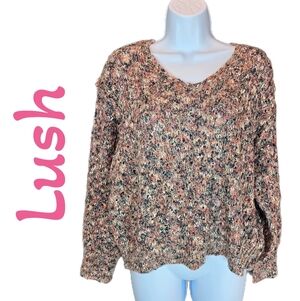 Lush Long Sleeve Sweater Sz S Multicolor Loose Knit Exposed Seams V-Neck Cozy
